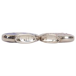 German silver and enamel perfume bottles, each with silver overlay floral decoration, and a crown top stopper, H6cm