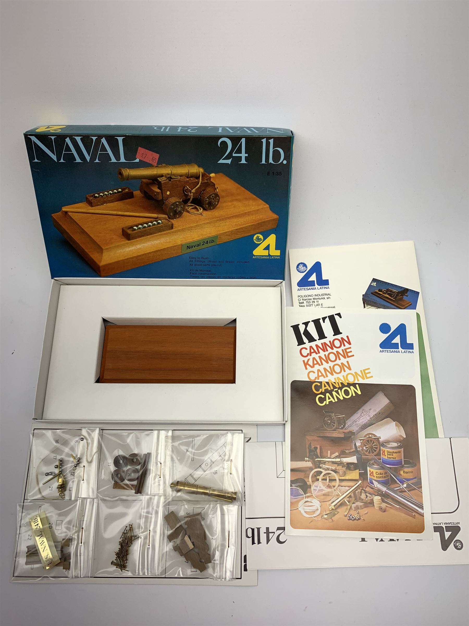 Three Artesania Latina wood and brass model kits of cannons including British 9lb, Naval 24lb and British Naval 12lb; all boxed with instructions and components in factory sealed transparent packaging (3)