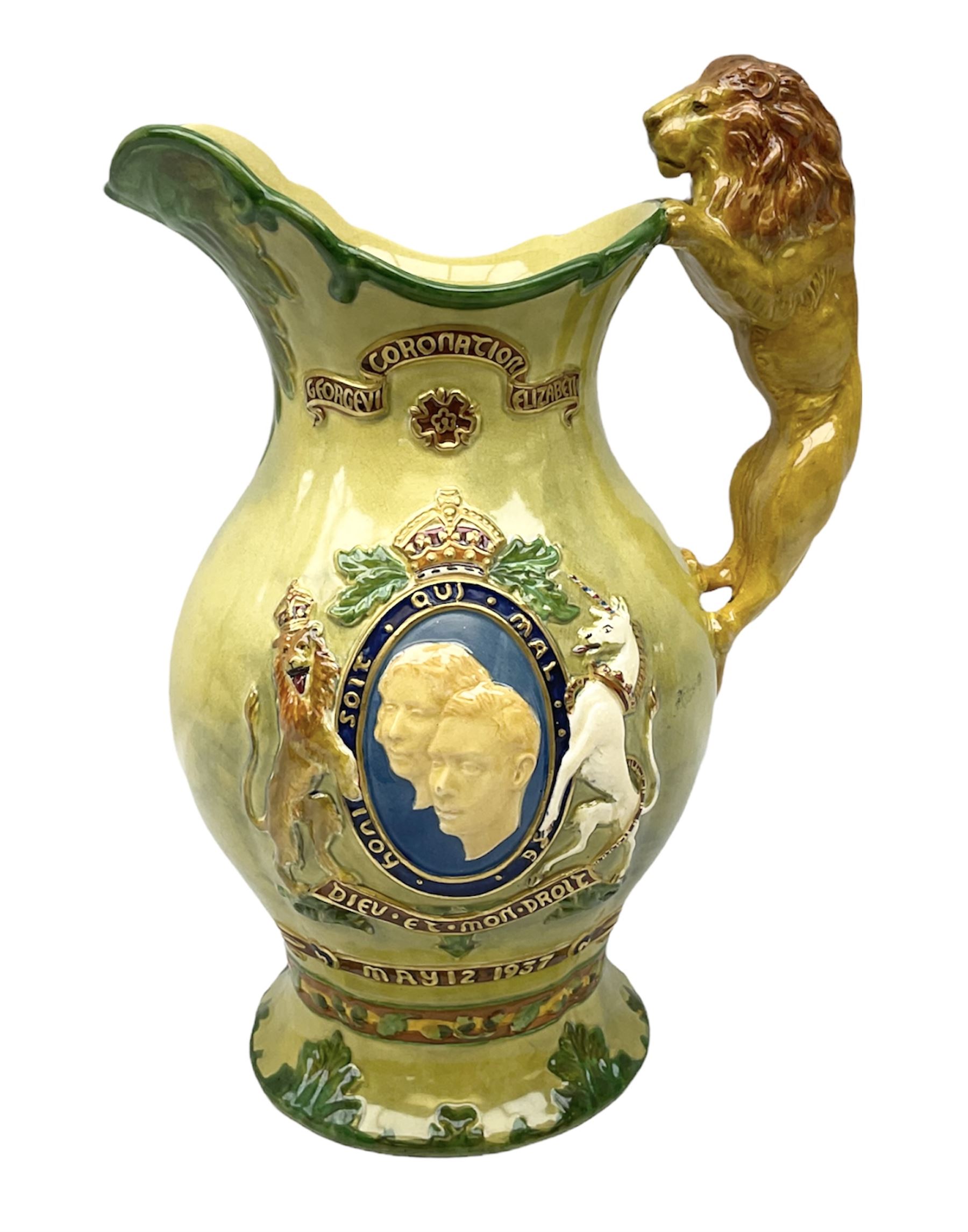 Crown Devon Fieldings George VI Coronation musical jug, with lion handle, no. 179 of an edition of 1500, H29cm