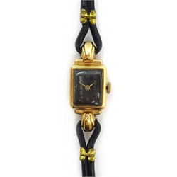  9ct gold Ladies wristwatch, hallmarked on black leather strap  