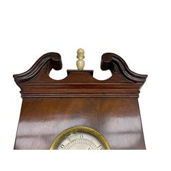 D Luvate of Preston - early Victorian mahogany mercury wheel barometer c1840, with a swan’s neck pediment and cavetto moulded square base, 8-inch silvered register calibrated in inches with a decorative star engraved centre, cast brass bezel and convex glass, with a steel indicating hand and brass recording hand, beneath a bowfronted Fahrenheit scale thermometer and hygrometer, rectangular spirit level signed D LUVATE, PRESTON.
Lacking recording hand button.
H109
Dominic Luvate is recorded as working as a barometer and looking glass maker in Friargate, Preston 1820-45
