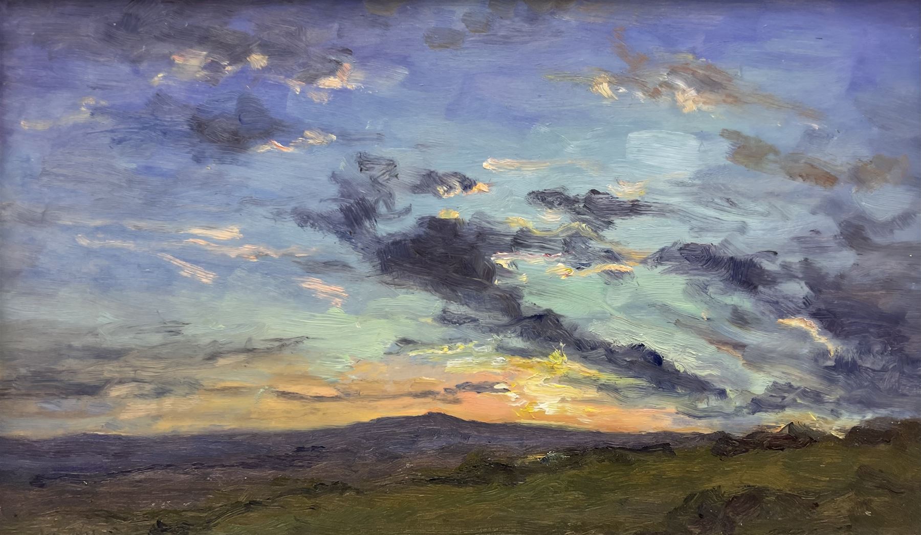 Neil Tyler (British 1945-): 'Moorland Sunset', oil on board signed, titled verso 27cm x 45cm