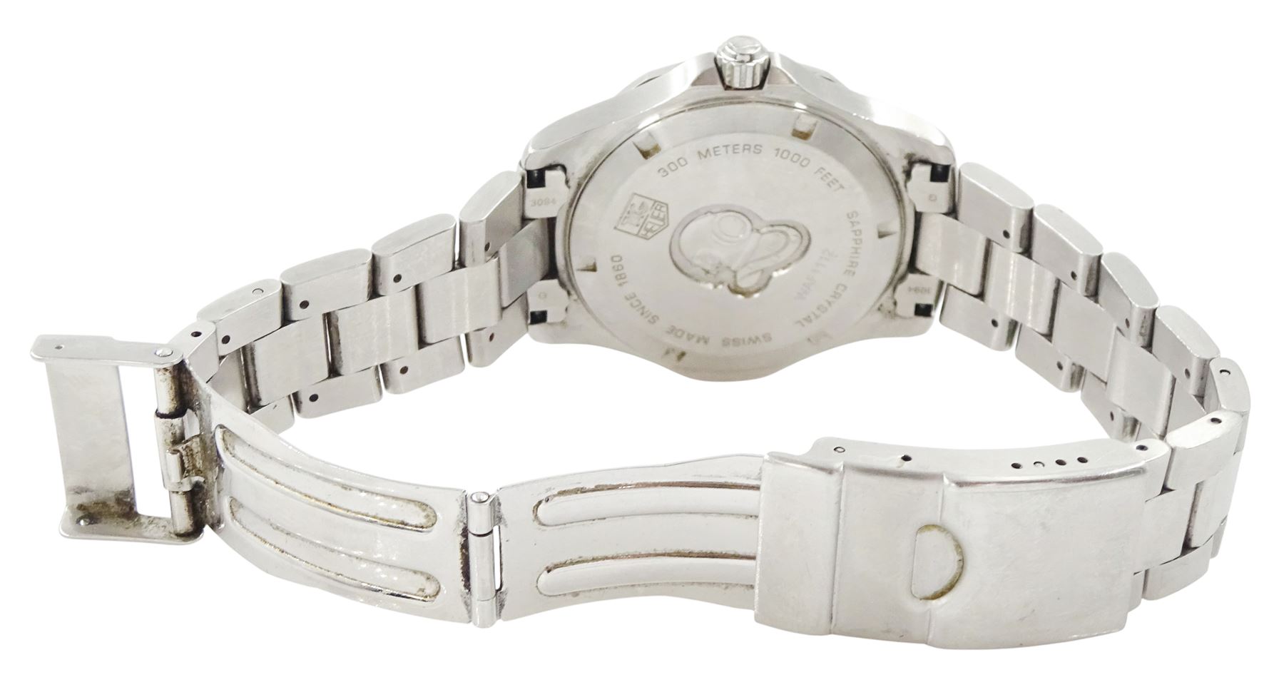 Tag Heuer Aquaracer 300 meters gentleman's stainless steel quartz wristwatch, Ref. WAF112, silvered dial with dagger hour markers and date aperture, on original stainless steel bracelet , with fold-over clasp, boxed with additional links and guarantee card dated 2007