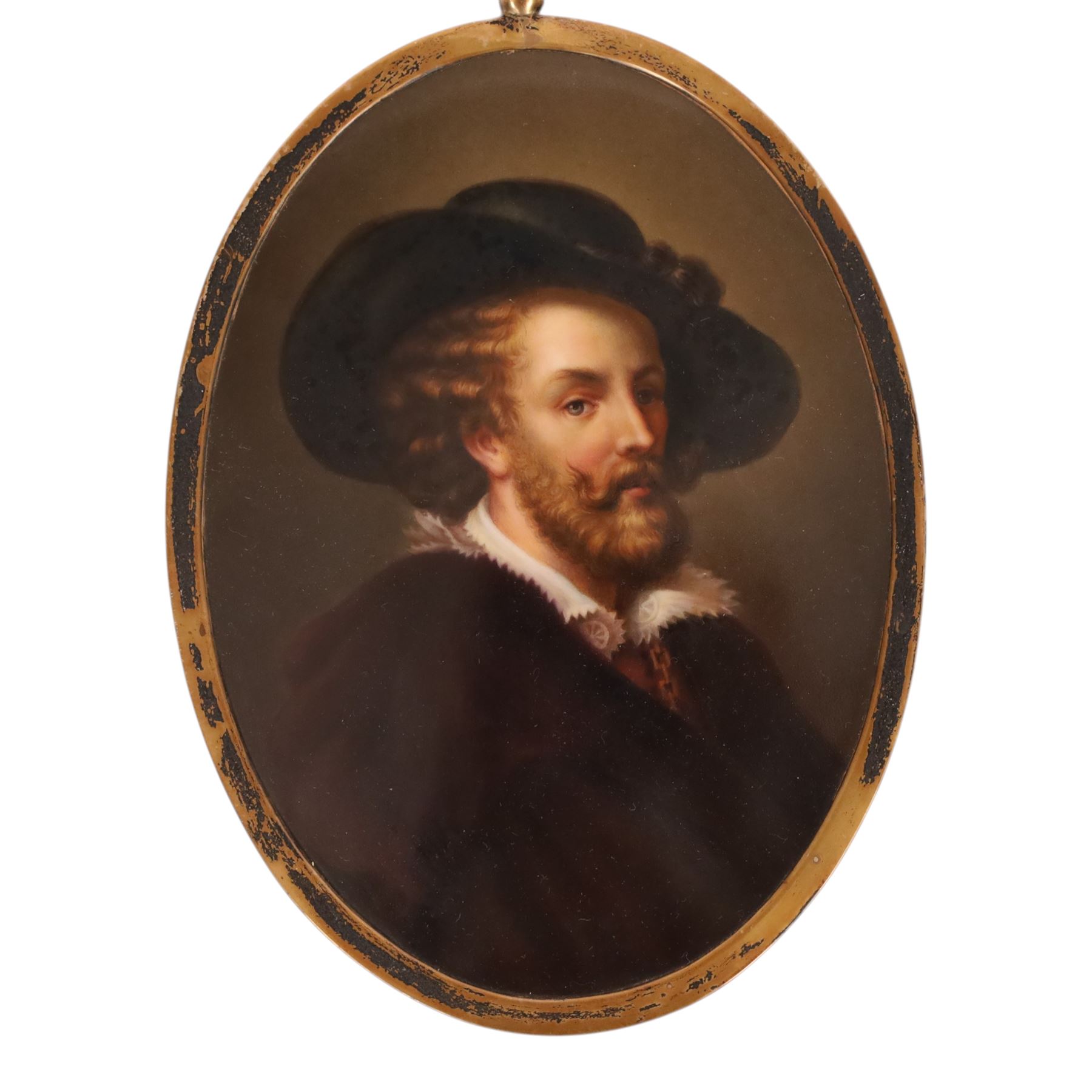 After Sir Peter Paul Rubens (Flemish 1577-1640): Self Portrait of the Artist, 19th century Dresden painted porcelain plaque, in a silver gilt frame, inscribed indistinctly verso and with impressed marks B and M, including frame 18cm x 14cm