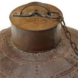 19th century and later Indian wrought iron riveted strapwork light fitting shade, modelled on a water vessel, with wrought iron hanging chain