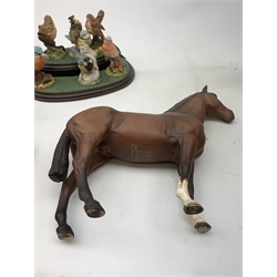 Three Beswick horses comprising: 'The Winner' no. 2421,  Shire Horse and Dale Pony (a/f), Border Fine Arts group 'Feeding Piglets' A5030, Beswick Beatrix Potter figure,  set of six Royal Doulton birds on stand etc 