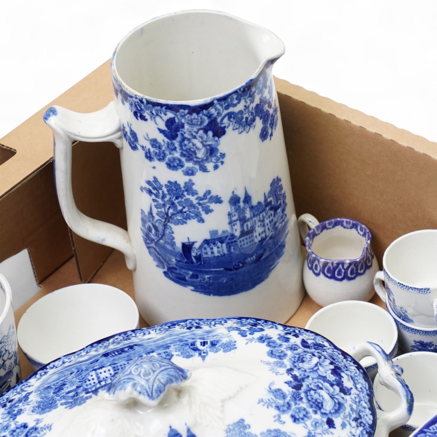 Large collection of mixed blue and white, including two covered tureens, miniature Ridgway tea service, etc in one box