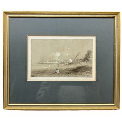John Wilson Carmichael (British 1800-1868): North Sunderland Harbour, watercolour en grisailles heightened in white signed 12.5cm x 20cm