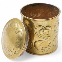 Brass Art Nouveau period biscuit barrel, with repeating floral decoration, H12cm