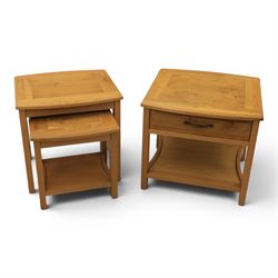 Contemporary light oak nest of two tables, and a contemporary light oak side table, fitted...