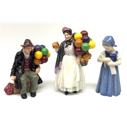 Royal Copenhagen figure of a young girl holding a doll and two Royal Doulton figures: Biddy Penny Farthing and The Balloon Man (3)