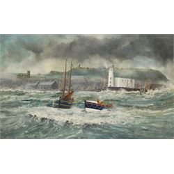 Robert Sheader (British 20th century): Lifeboat to the Rescue of a Whitby Fishing Boat off Scarborough Lighthouse, oil on board signed 37cm x 60cm
