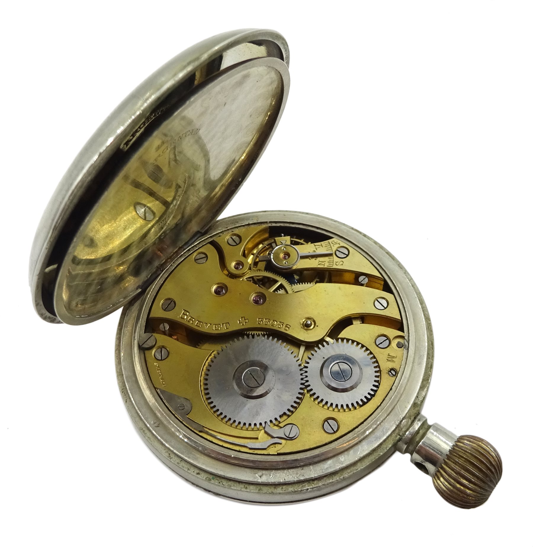 Swiss Argentan Goliath 8 Day nickel cased pocket watch Goliath, movement stamped brevet 33236, in silver mounted case with stand hallmarked