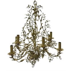 Laura Ashley - eight branch metal chandelier, decorated with trailing leafy branches and glass pendants, in ochre paint finish - ex-display/bankruptcy stock 