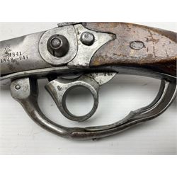 Mid-19th century military Model 1841 Bavarian Lindner style breech loading percussion pistol dated 1842, approximately 16mm cal., 21.5cm rifled octagonal barrel with fixed front and rear sights, unusual under action percussion hammer, profuse ordnance marks and repeated serial number B-249; two stamps to wooden stock L47cm overall