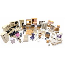 Modern 1:12 scale dolls house furniture, comprising pine kitchen set, with wall cabinets, floor cabinets and sink unit, white wooden bathroom suite, white wooden kitchen and dining room furniture and appliances, wooden bedroom furniture, Raine purple wingback chair, tv, desk, fish tank, etc