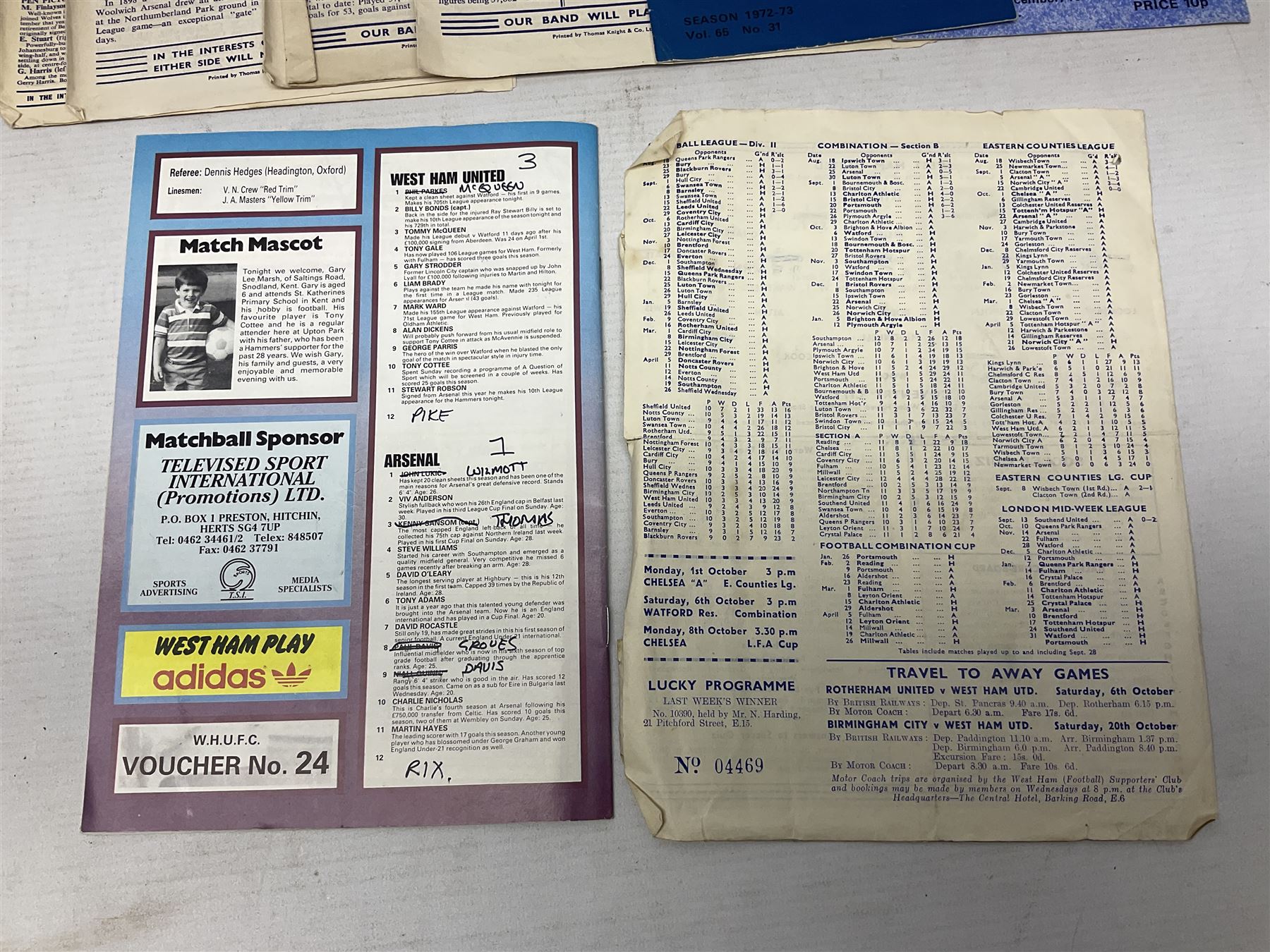 West Ham United - eight 1940s/50s home programmes for 1947/48 - 1951/52 and another for 1986/87 and two team photographs; together with eight Tottenham Hotspur home programmes 1952/53 - 1976/77 (17)
