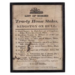 Jansson (Jan) 'East Riding of Yorke Shire', 17th Century hand coloured map with figural scale, title cartouche and armorials 44cm x 54cm; Daniel Meisner 'Hull in Engellandt', monochrome engraved map of Kingston upon Hull for Eberhard Kieser's 'Politisches Schatzkastlein' pub. c1620 11cm x 15.5cm; 18th/early 19th cent. Steeple Chase notice 'List of Horses - Trinity House Stakes at Kingston on Hull 26.5cm x 20.5cm (3)