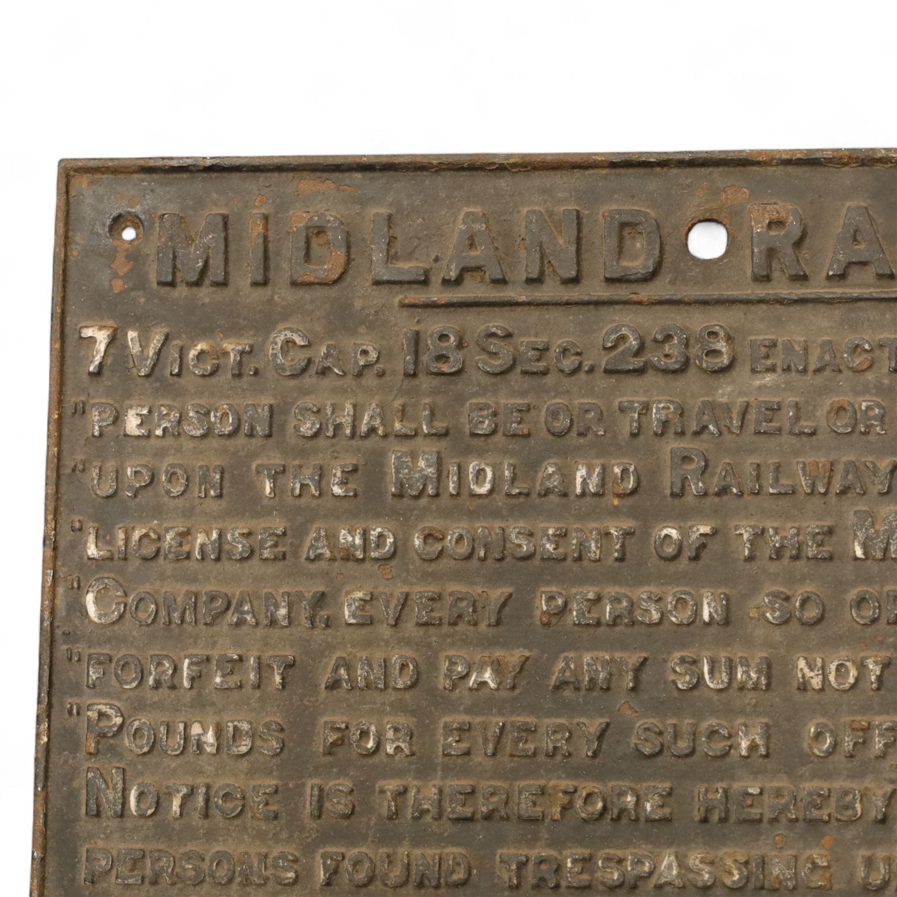 Late Victorian cast iron Midland Railway trespassing sign, dated June 1899, H51cm, W68cm