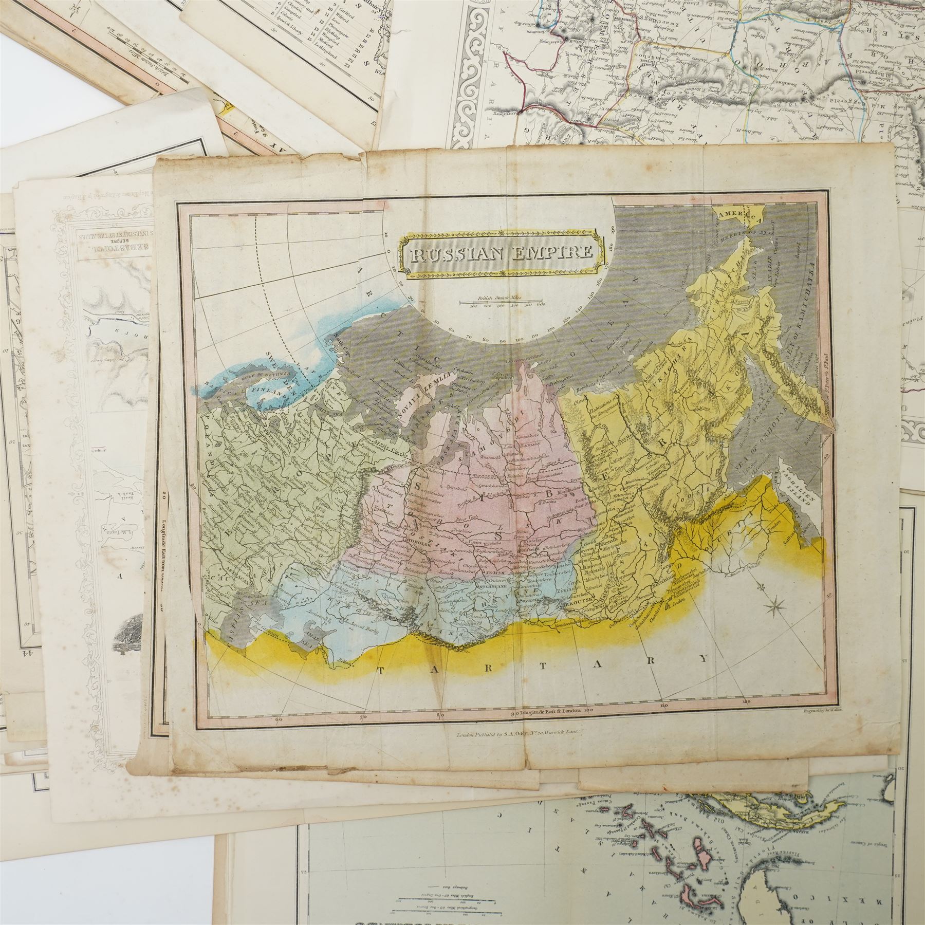 Large collection of 18th century and later maps, including John Cary, Thomas Moule, Jones, Oddy, Winkles etc. including those of Oxford City and University, Russian Empire, Europe, Cape Colony and Crimea (50+) (unframed)