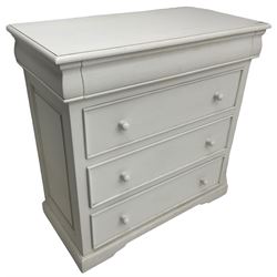 White painted chest, fitted with secret drawer above three long drawers, on bracket feet