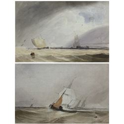 John Le Capelain (Jersey 1812-1848): 'Shipping in a Stiff Breeze' and 'A Frigate drawing close to a Fishing Boat', pair watercolours, the latter signed, 16.5cm x 25cm and 17cm x 26.5cm, respectively (2) 
Provenance: private local collection, purchased Christie's London, 'The Collection of the Late Joh Appleby', 4th November 2010 Lot 228