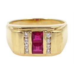Gold square ruby and round brilliant cut diamond ring, rubover set by Colombian Emeralds International, stamped 14K CEI