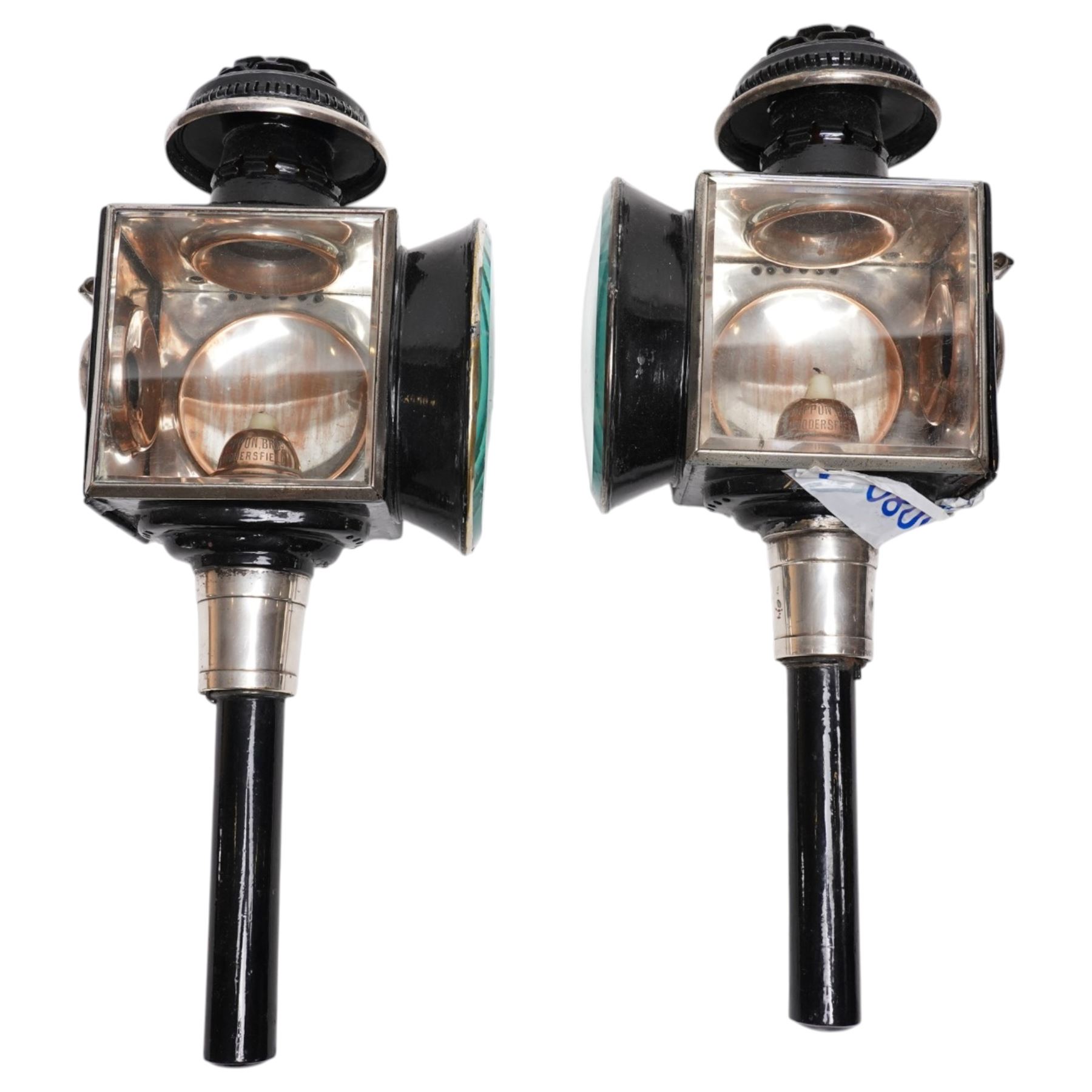 Rippon Bros. (Huddersfield) - pair of Victorian toleware and white metal carriage lamps, the traditional chimney over a rectangular form body with oval convex lens and rear circular red reverse light, maker engraved to candle mount