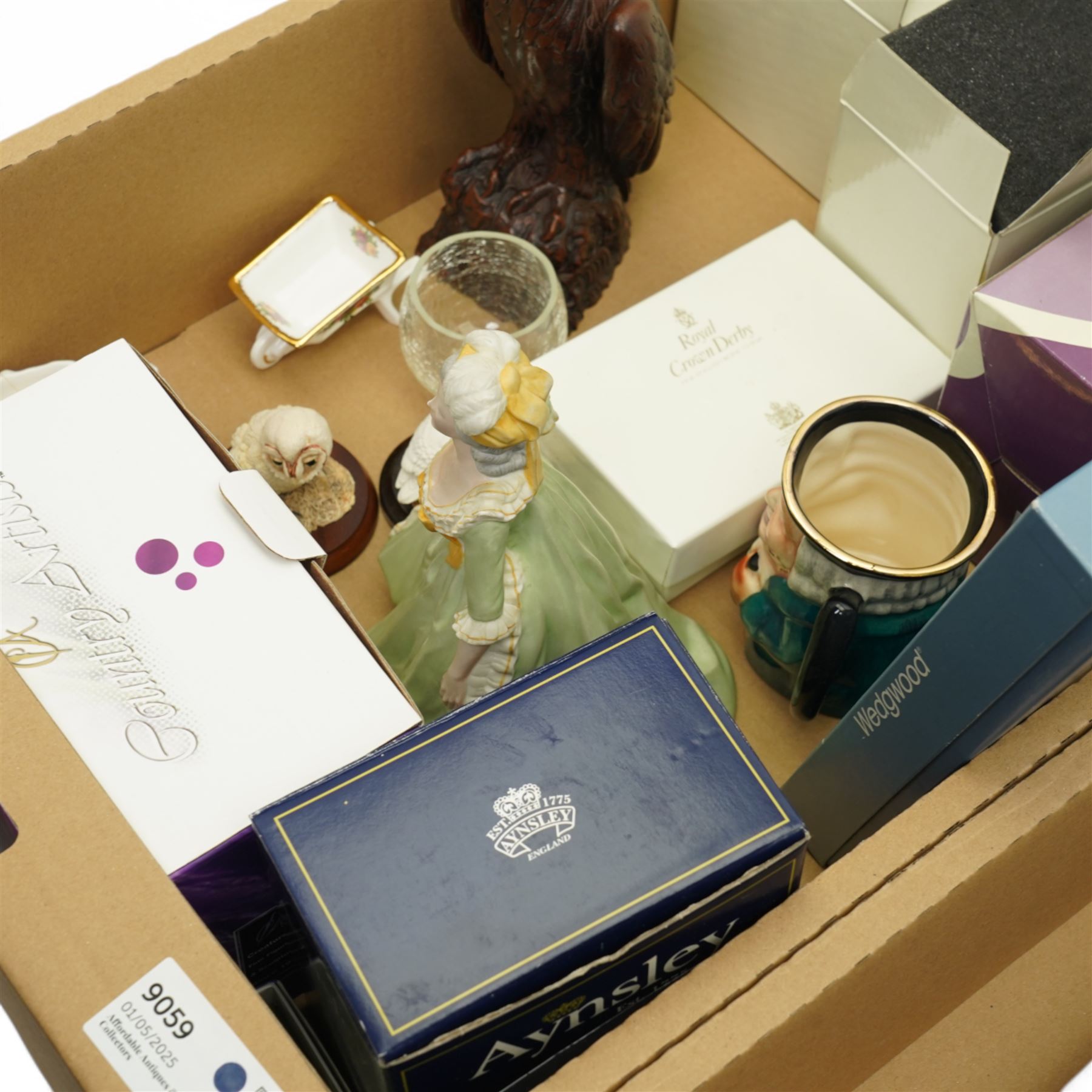 Five Babychan glasses, three Calypso glasses and two goldwell snowball glasses, pewter mugs, carving set cased, Mary Antoinette figure, and various Coalport, Country Artists and Aynsley pieces, contents in two boxes