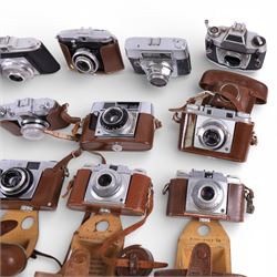 Collection of rangefinder cameras, including Aka Rette, Agfa Silette, Iloca Rapid, Koroll 24, Ilford Sportsman, Exa 500, Luxette, Frankarette, Agfa Optima I, Halina Pet,  Voigtlander Vitomatic II