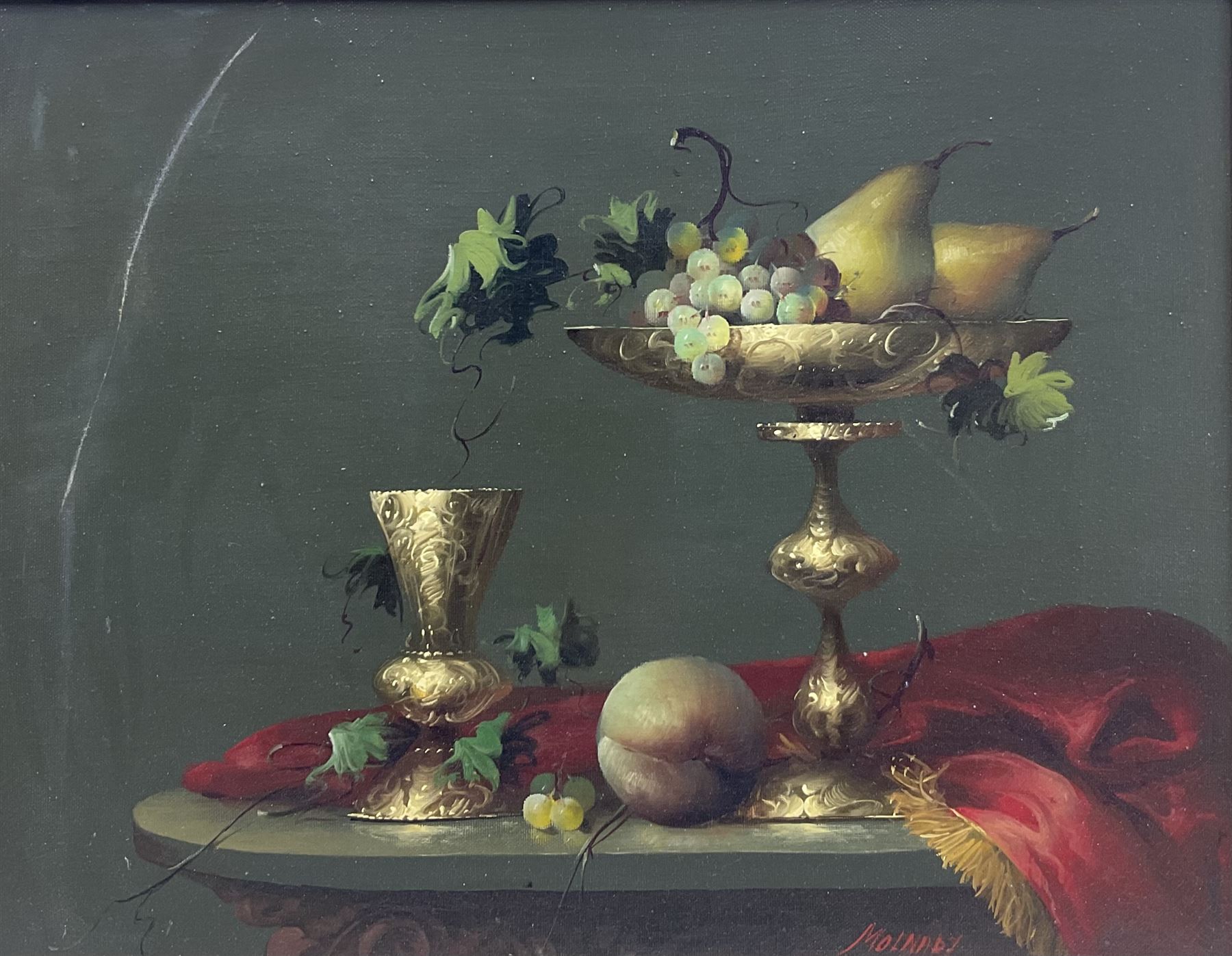 Jozsef Molnar (Hungarian 1939-): Still Life with Tazza Cup and Fruit, oil on canvas signed 39cm x 50cm

