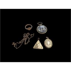 14ct gold locket, 9ct gold signet ring and chain, together with a gilt photo pendant and triangle locket 