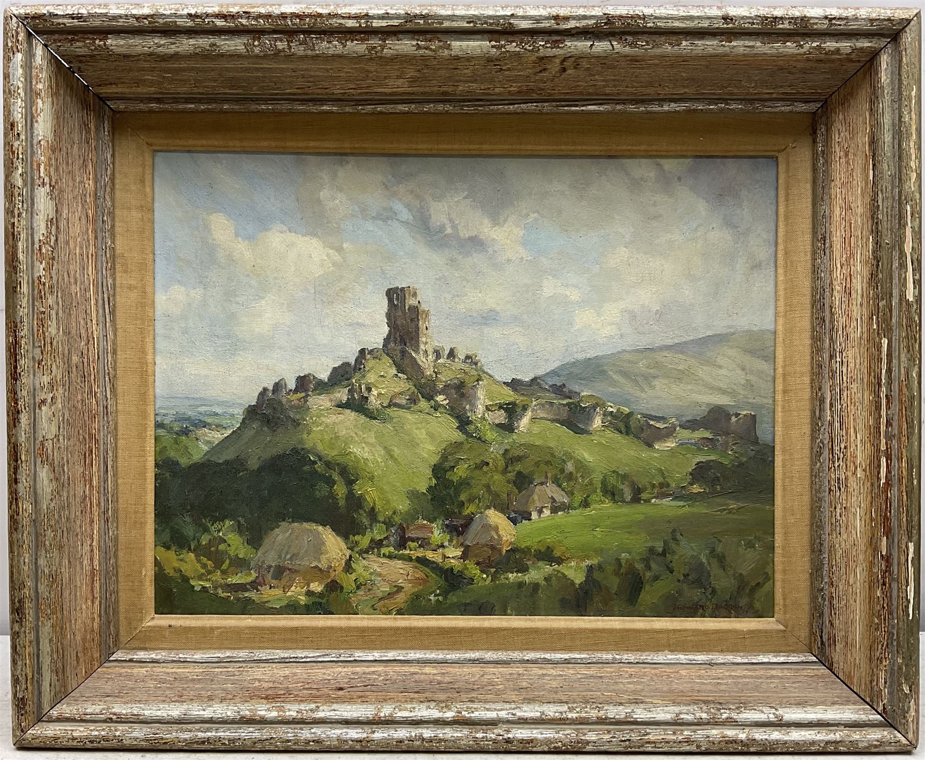 Howard Barron (British 1900-1991): 'Corfe Castle Dorset', oil on artist's board signed, dated May /54 with original titled and Medici Society labels verso 30cm x 40cm