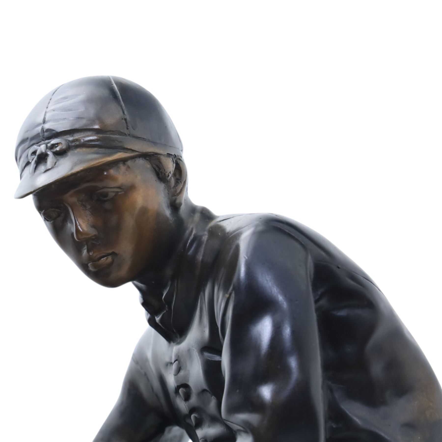 After Isidore Jules Bonheur (1827-1901), bronze figure of a jockey on horseback, upon a rectangular base, signed Bonheur, H88cm