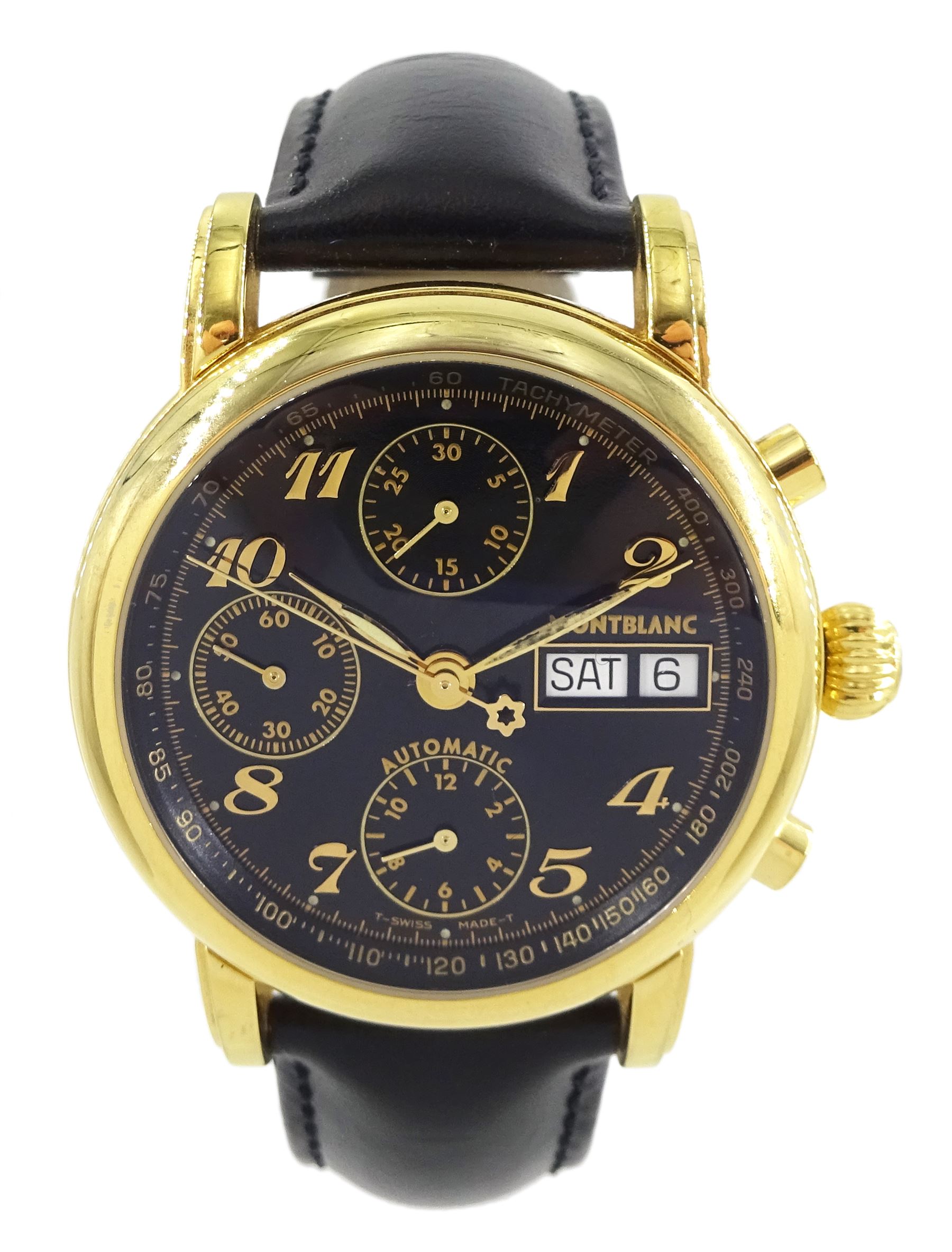 Montblanc Meisterstück gentleman's automatic chronograph gold-plated wristwatch, Ref. 7016. Cal. 4810 501, black dial with Arabic hour markers, dials at 6, 9 and 12 for seconds, 30 minute and 12 hour recording, day / date aperture, on original black leather strap, with gilt Montblanc buckle, boxed with warranty dated 1999