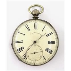  19th century Swiss silver pocket watch, key wound by J. Nelson Geneva no 27602 stamped Fine Silver with silver T bar watch chain hallmarked and keys  
