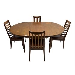 G-Plan - mid-20th century teak 'Fresco' extending dining table, circular top on tapered supports (W122cm H74cm); and Leslie Dandy for G-Plan - set six mid-20th century teak 'Fresco' dining chairs, high backs over tan leatherette seats (W46cm H91cm)