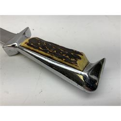 German ERN Wald-Solingen Art Deco style hunting knife with 13cm Bowie type blade and chrome fittings with antler grip; in leather sheath L24.5cm overall; and Bianchi Rastignano Aeronautica Militare combat knife with 15.5cm Bowie type saw-back blade and stacked leather grip (2)