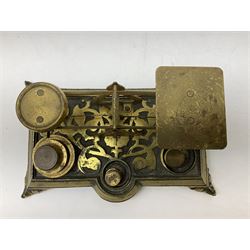 Victorian brass postal scales with ornate foliate and floral decoration, L20cm