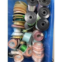 Haberdashery Shop Stock: Reels of satin ribbon in varying colours and sizes, lacing cord, elaticated ribbon, cottons and other reels in three boxes