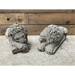 Pair of small cast stone sleeping Trafalgar Lions