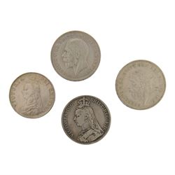 Queen Victoria 1887 silver double florin coin, Queen Victoria 1889 silver one crown coin, and two King George V 1935 silver one crown coins (4)