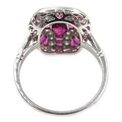  Platinum (tested) ruby and diamond ring, with diamond shoulders   
