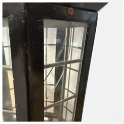 Georgian design black-painted metal octagonal hanging lantern, with brass ball finial above a hipped canopy, astragal glazed lattice panels and pendant ball terminal
