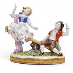 Group of four Dresden figures, including a boy playing the flute, a lady and her lamb, a couple and their sleigh, and a lady playing a mandolin H14cm; together with three other German figures, including a courting couple, largest H18cm (7)