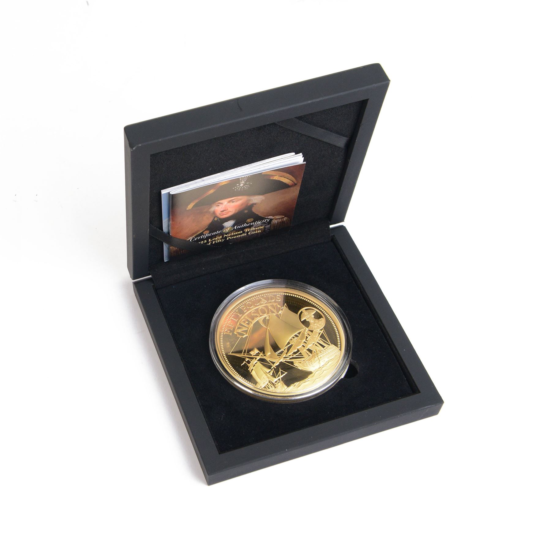 King Charles III Tristan da Cunha 2023 'Lord Nelson Tribute' gold proof fifty pounds coin, cased and boxed with certificate