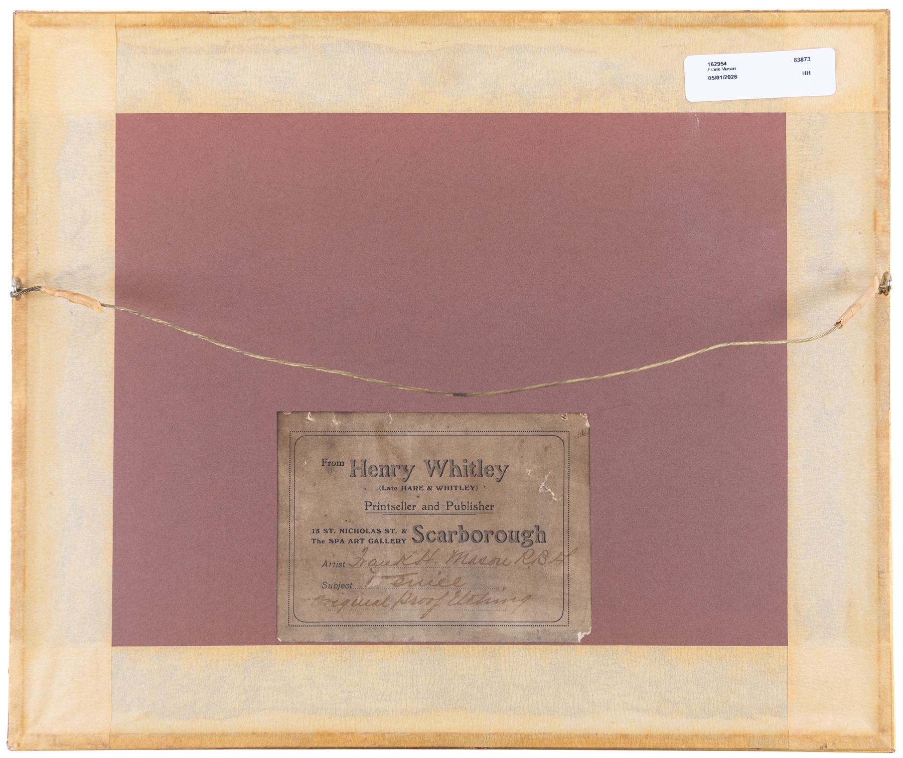 Frank Henry Mason (Staithes Group 1875-1965): 'Venice', proof etching signed in pencil, titled on Henry Whitley label verso 12.5cm x 18cm 