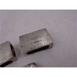 Pair of early 20th century silver matchbox covers, each of typical form, engraved with a tree to the centre, with personal engraving to reverse, hallmarked Stokes & Ireland Ltd, Chester, date letter worn and indistinct, together with a late Victorian silver vesta case, engraved with floral decoration, with monogrammed shield shaped cartouche to centre, hallmarked E V Pledge & Son, Birmingham 1900
