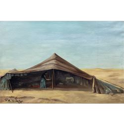 Pezzi (Spanish 20th century): Bedouin Tent, oil on canvas signed and dated '72, 48cm x 71cm