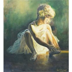 English School (20th century): 'The Reluctant Dancer', oil on canvas indistinctly signed 60cm x 50cm